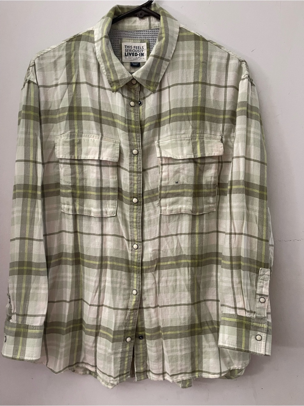 American Eagle Outfitters Olive and White Plaid Button-Down Shirt Medium